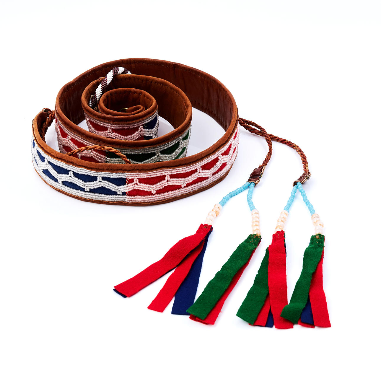 GÜRTEL, Südsamisch, Leder, Wolle und Glasperlen.