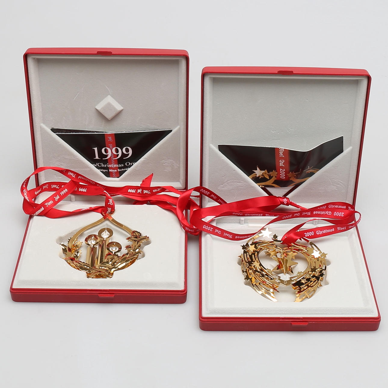 JULGRANSPRYDNADER i förgylld mässing, 2 st, Georg Jensen, Danmark.