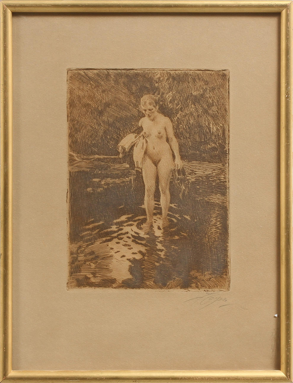 ANDERS ZORN. Etsning, "Vadstället", signerad.