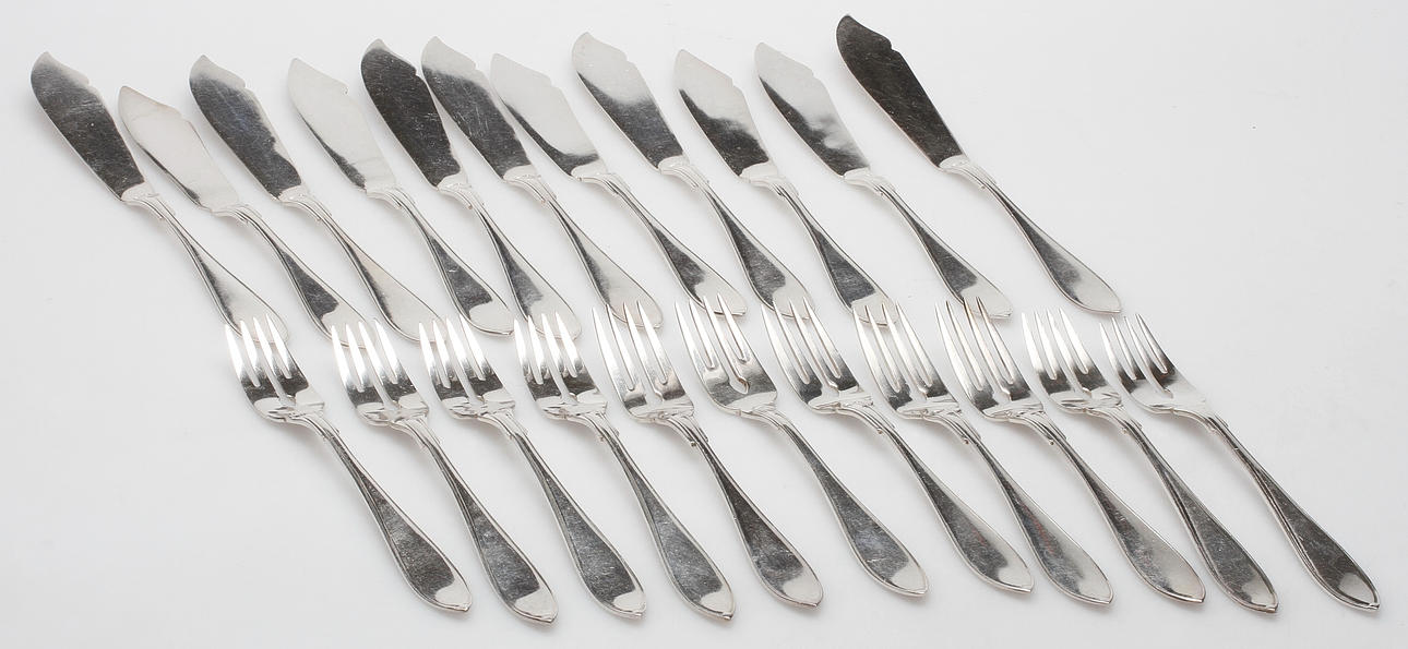 FISKBESTICK, 22 delar, nysilver, CR Carlström, 1900-tal.