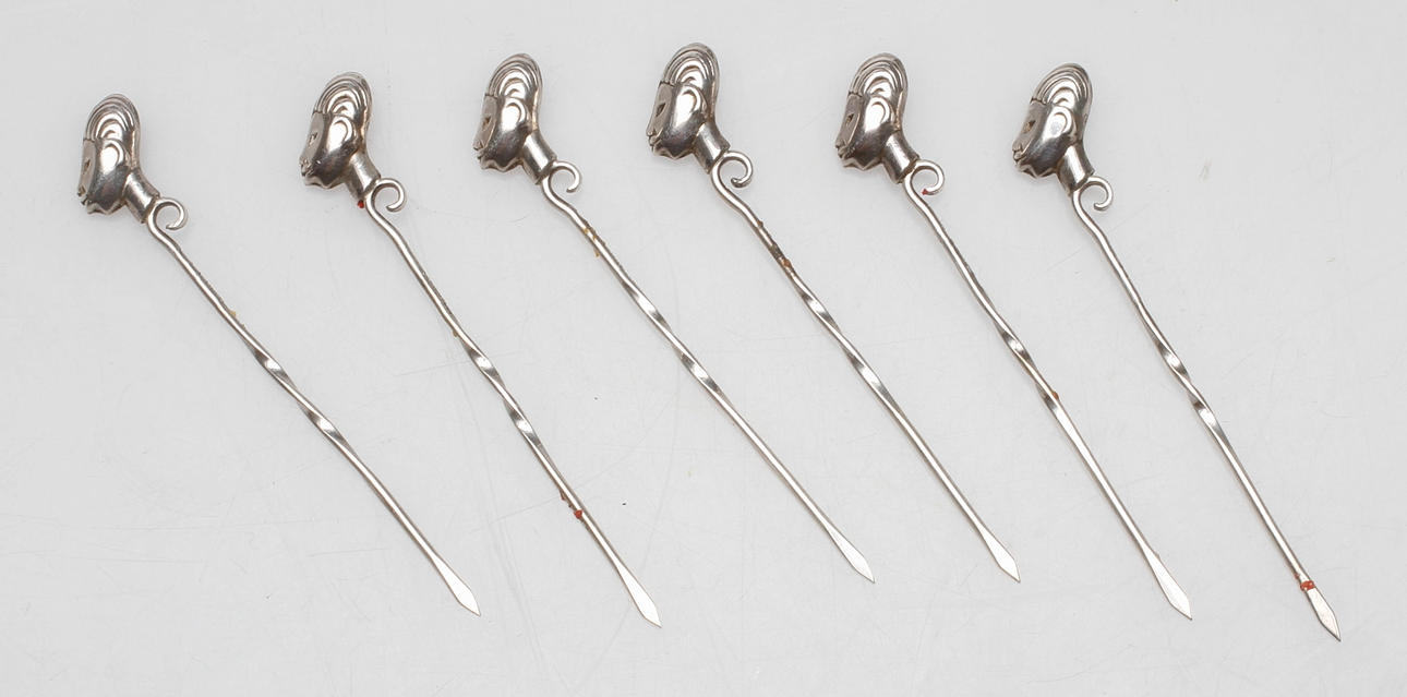 COCKTAILPINNAR, 6 st, silver, 1900-tal.