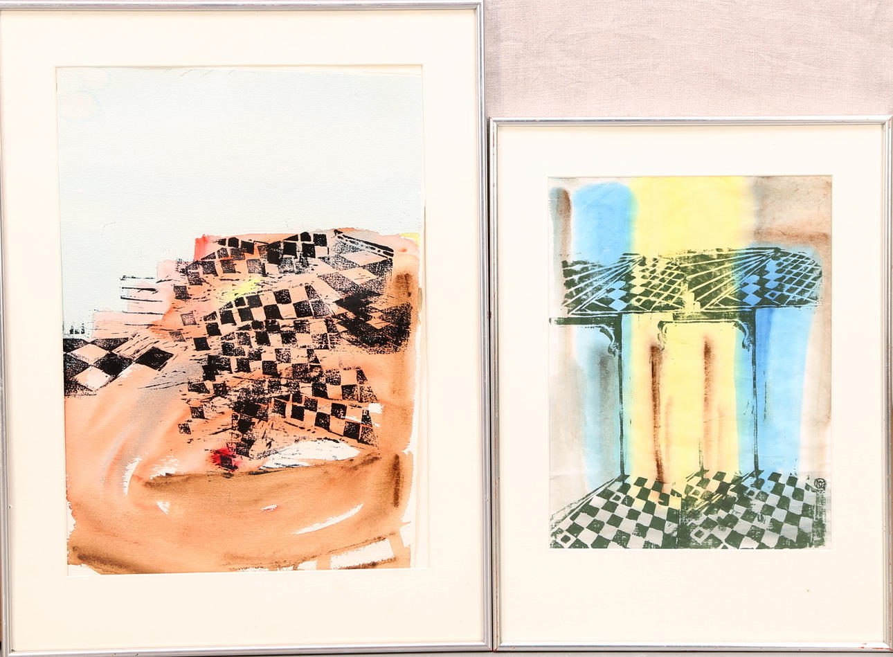 WANJA "NONES" HÅKANSSON. Träsnitt på akvarellbotten, monoprint. 2 st, "Golv i rörelse", "Samband" singerade a tergo.