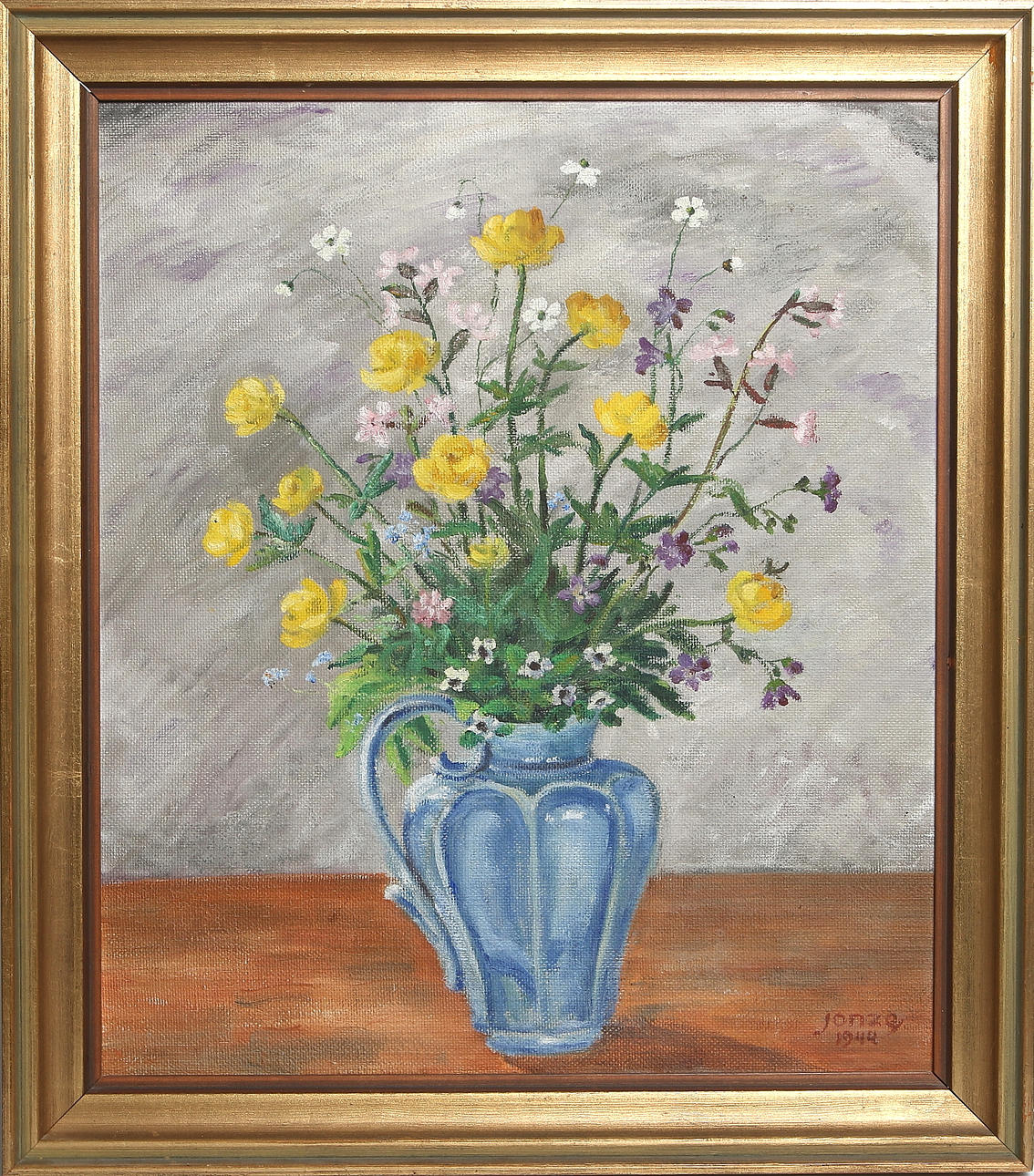 PAUL JONZE. "Midsommarblommor i blå vas", olja på pannå, signerad och daterad 1944.