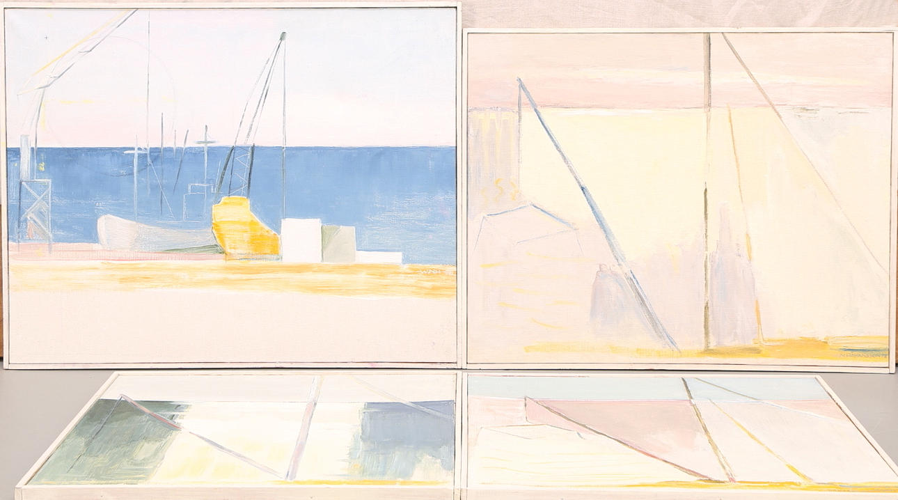 WANJA "NONES" HÅKANSSON. olja på duk, "Trellevarvet", "Båtkran i motljus" signerade och daterade -78.