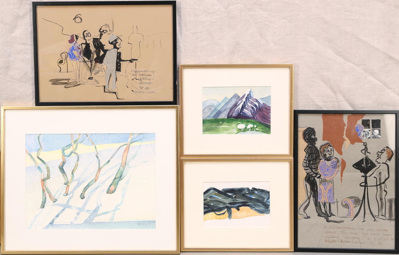 WANJA "NONES" HÅKANSSON. Akvareller 3 st. Collage 2 st. Signerade.