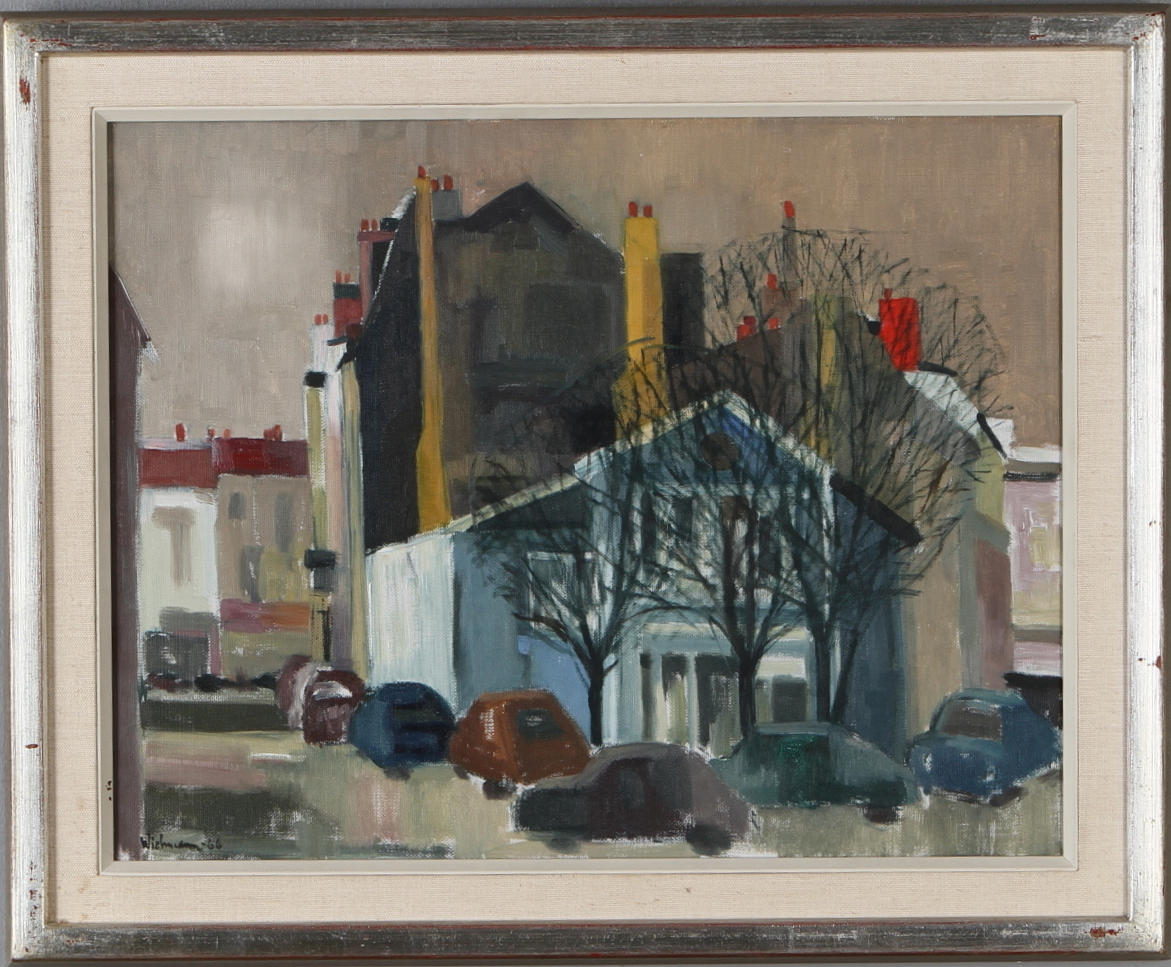 HARRY WICHMANN. Stadsmotiv med bilar, olja på pannå, signerad och daterad -66.