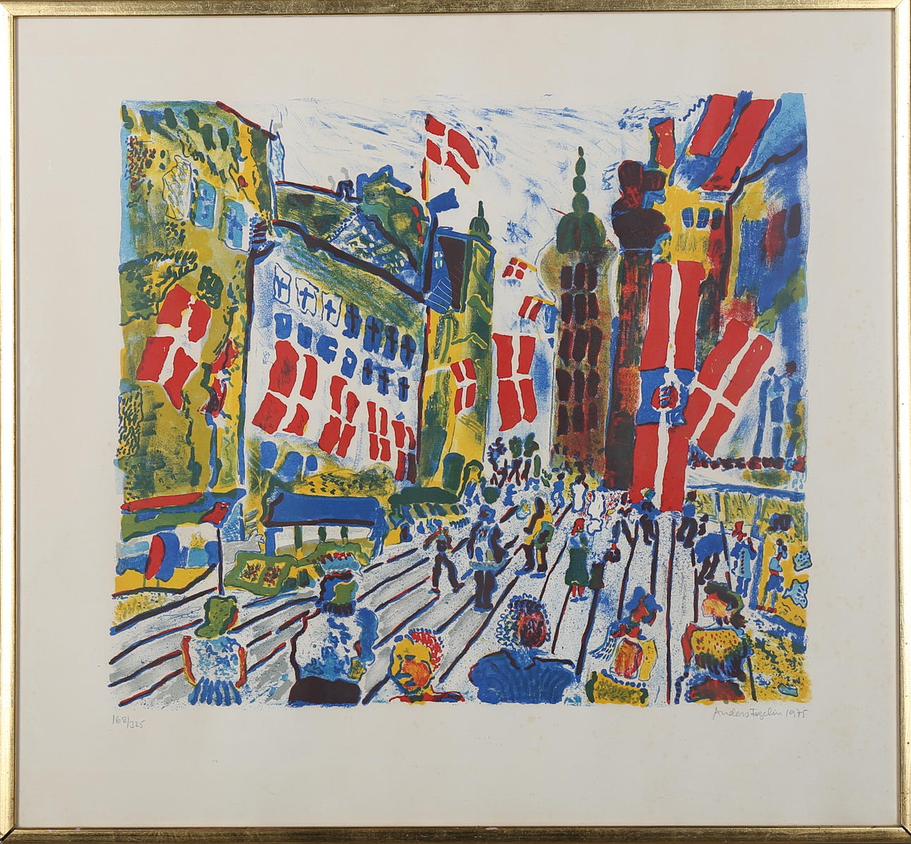 ANDERS FOGELIN. Köbmagergade med Ronde torn, färglitografi, signerad och daterad 1977 samt numrerad 168/325.