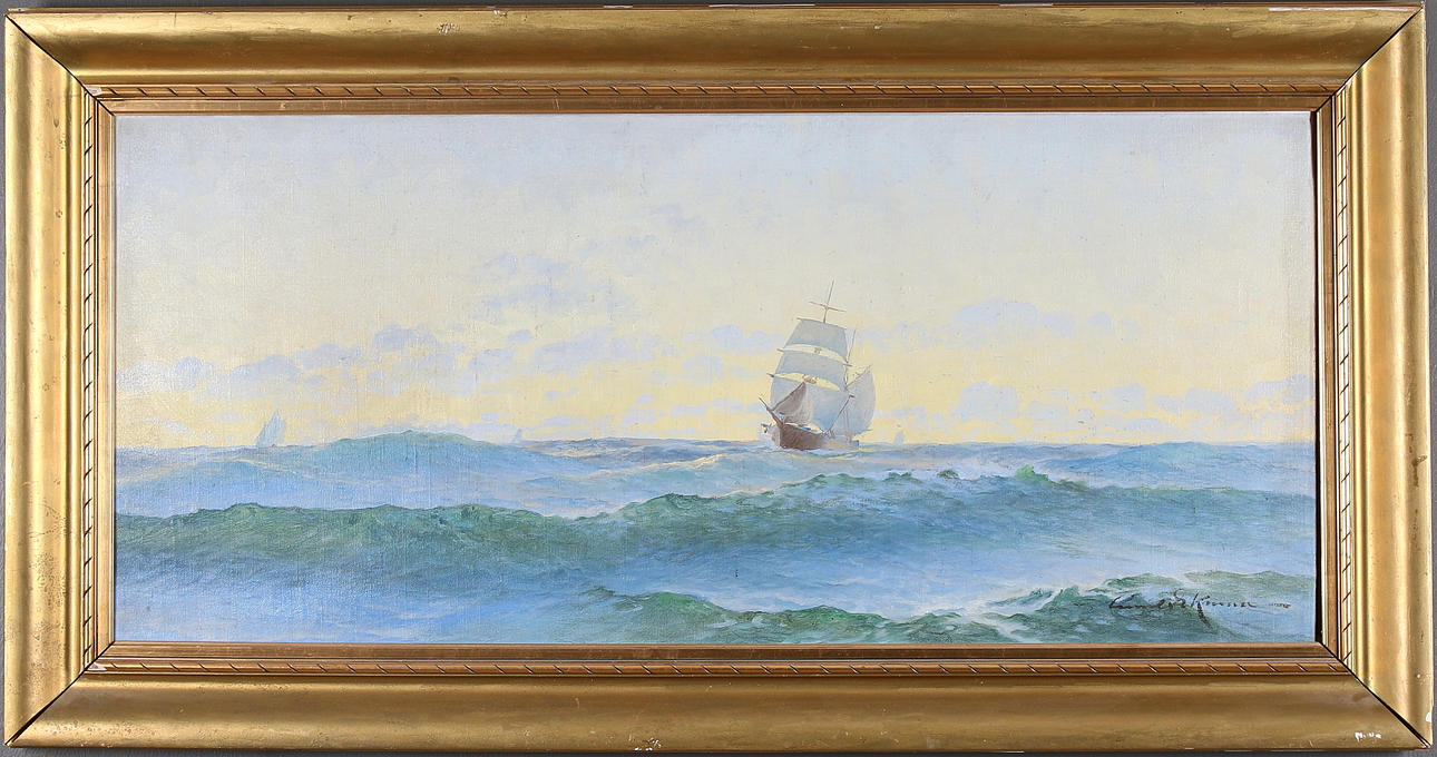 OIDENTIFIERAD KONSTNÄR. Skeppsmotiv, olja på duk, otydlig signatur.