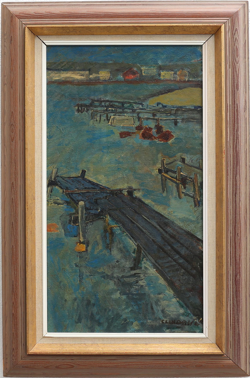 STEN LINDAHL. Hamnmotiv. Olja på duk, signerad.