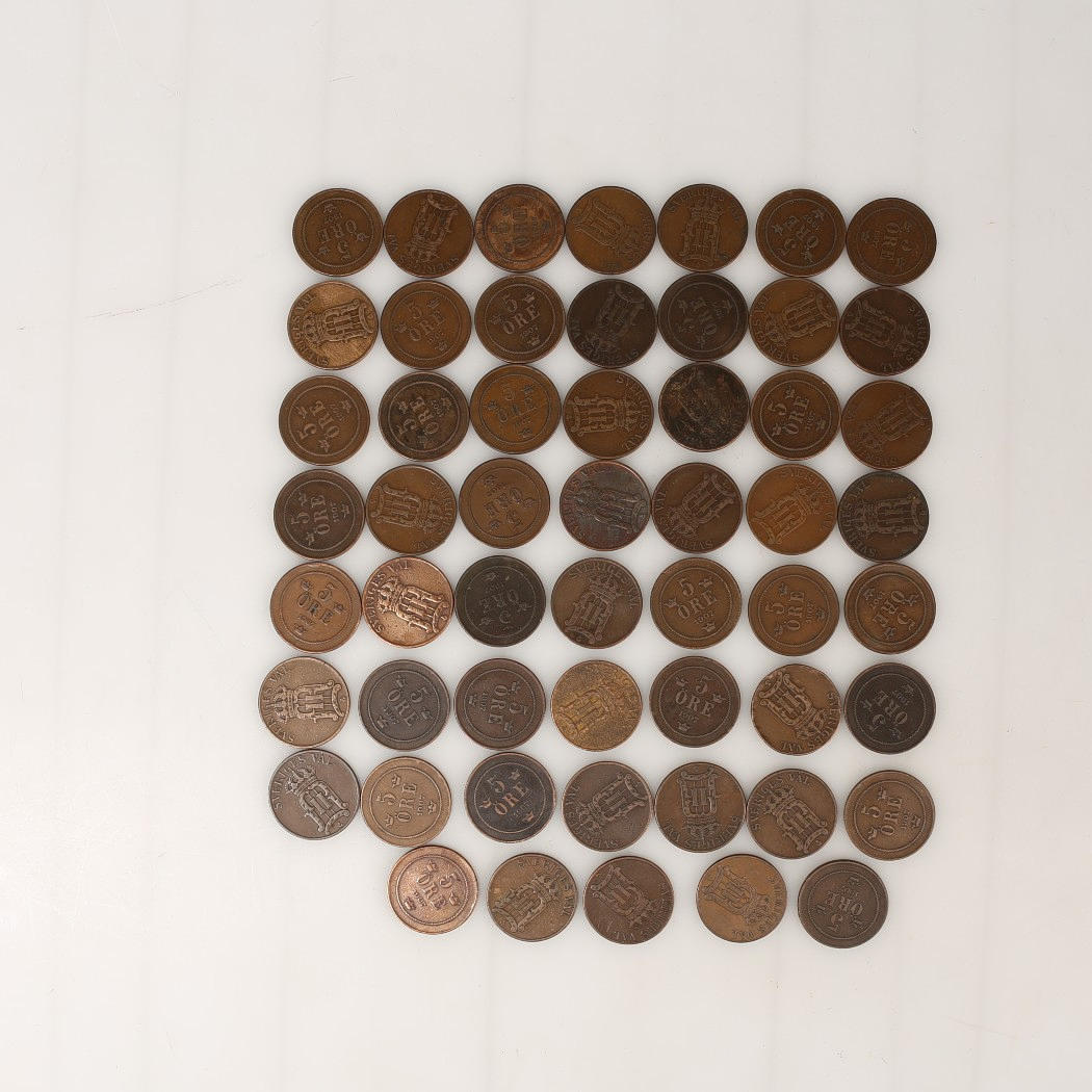 MØNT, kobber, 5 øre, Sverige, 54 styk, 1907.