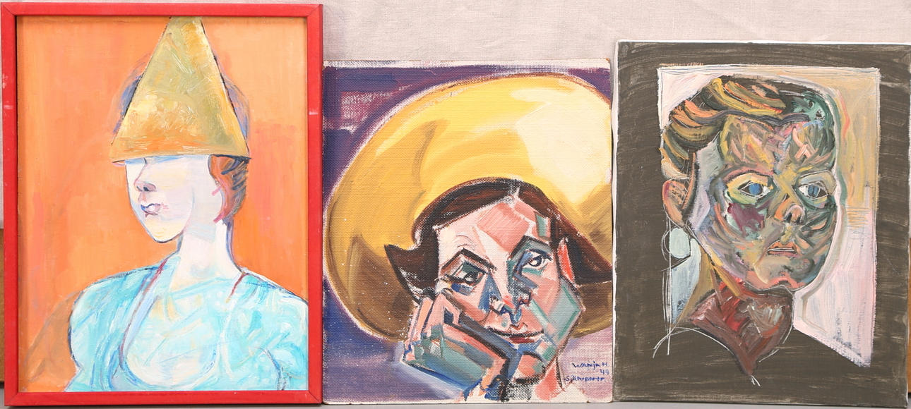 WANJA "NONES" HÅKANSSON. Olja på duk och pannå, 3 st, självporträtt, signerad, daterad -49.