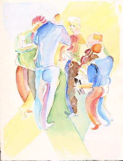 WANJA "NONES" HÅKANSSON. Akvarell, spelmän, osignerad + foton 3 st.