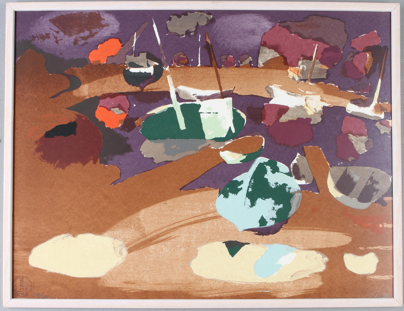 LAGE LINDELL. Hamnmotiv från Gotland, färglitografi, signerad och numrerad 50/50.