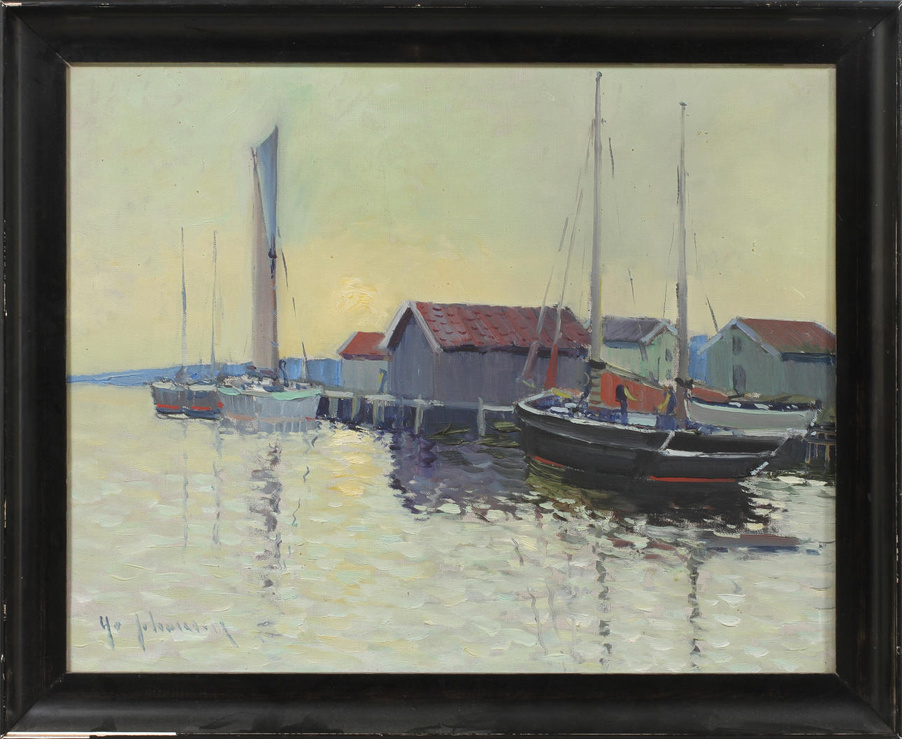 YO JOHANSSON. Kustbild med sjöbodar och båtar, olja på duk, signerad.