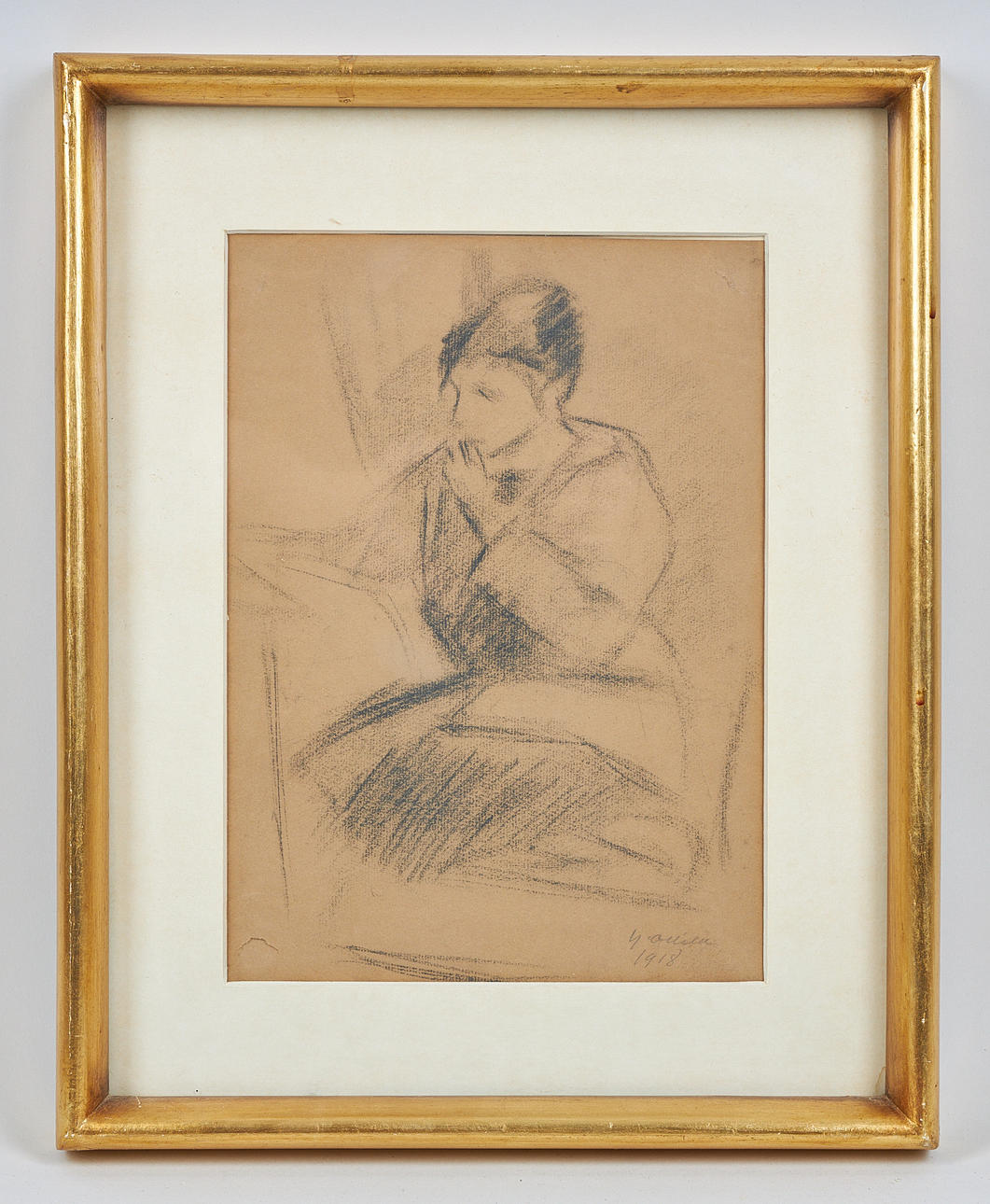 YRJÖ OLLILA. Reading girl, signed and dated 1918, charcoal drawing. Art ...