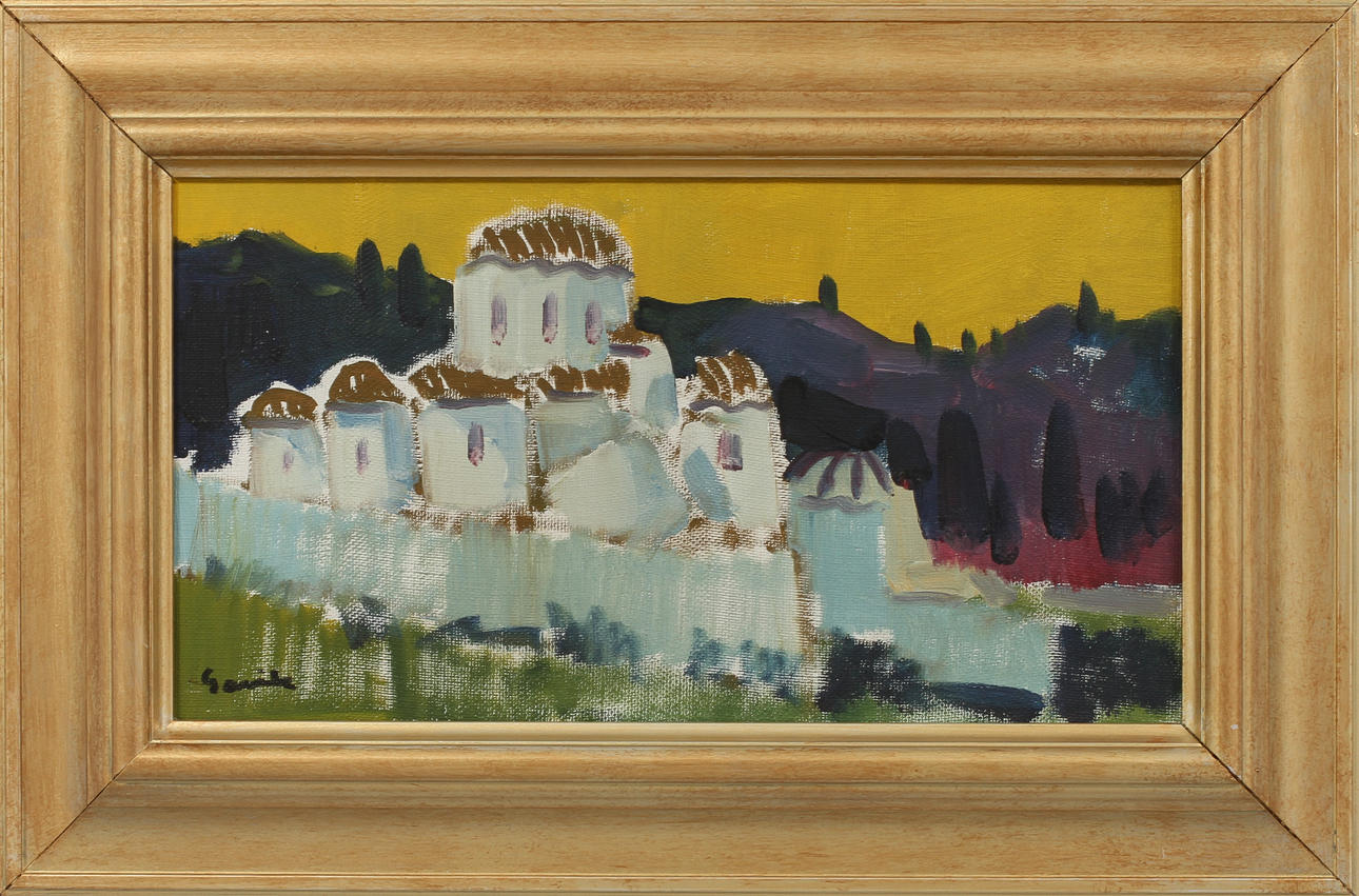 TAGE GAVIK. "Grekiskt tempel", olja på duk, signerad.