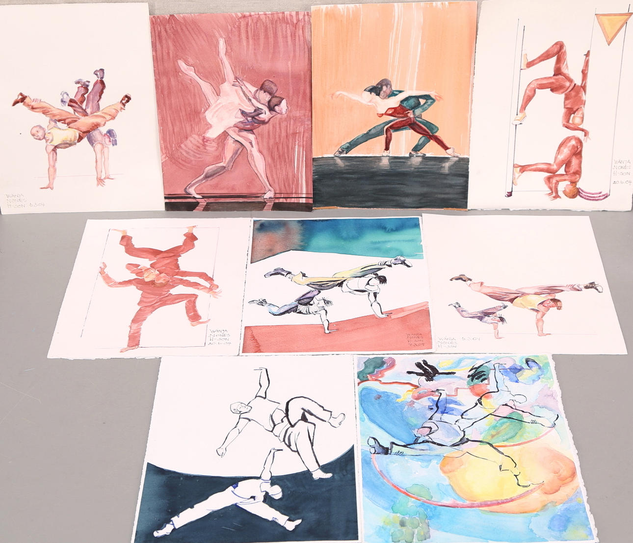 WANJA "NONES" HÅKANSSON. Akvareller 9 st, dansmotiv, signerade och daterade 04, och osignerade.