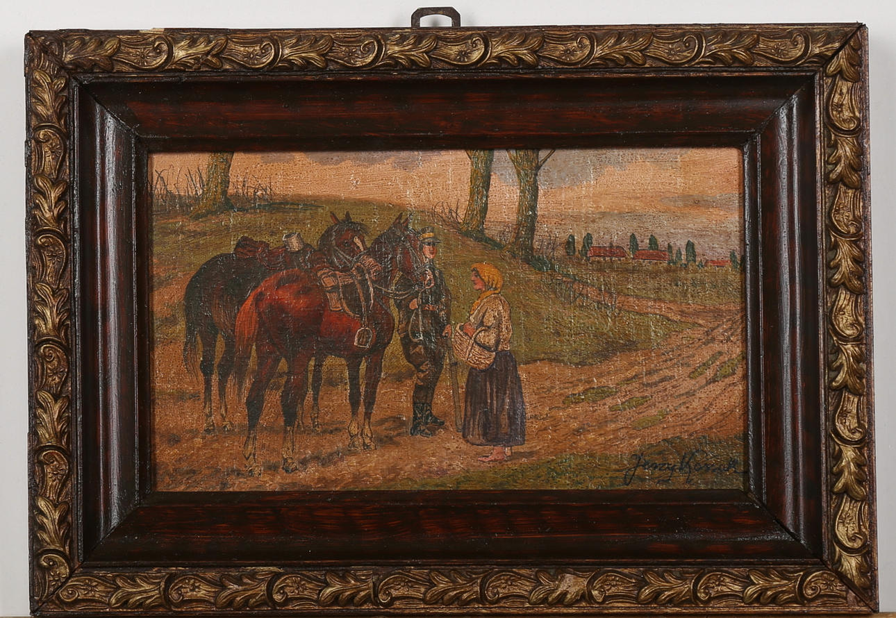 OKÄND KONSTNÄR. Ryttare med kvinna, olja på duk, möjligen signerad Jerzy Kossak?