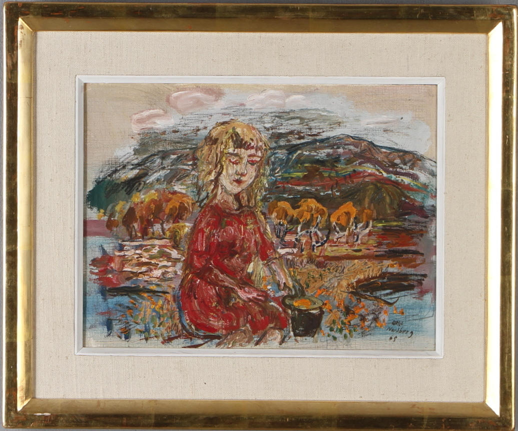 OLLE NORDBERG. Hjortronplockerska, olja på pannå, signerad och daterad -65.