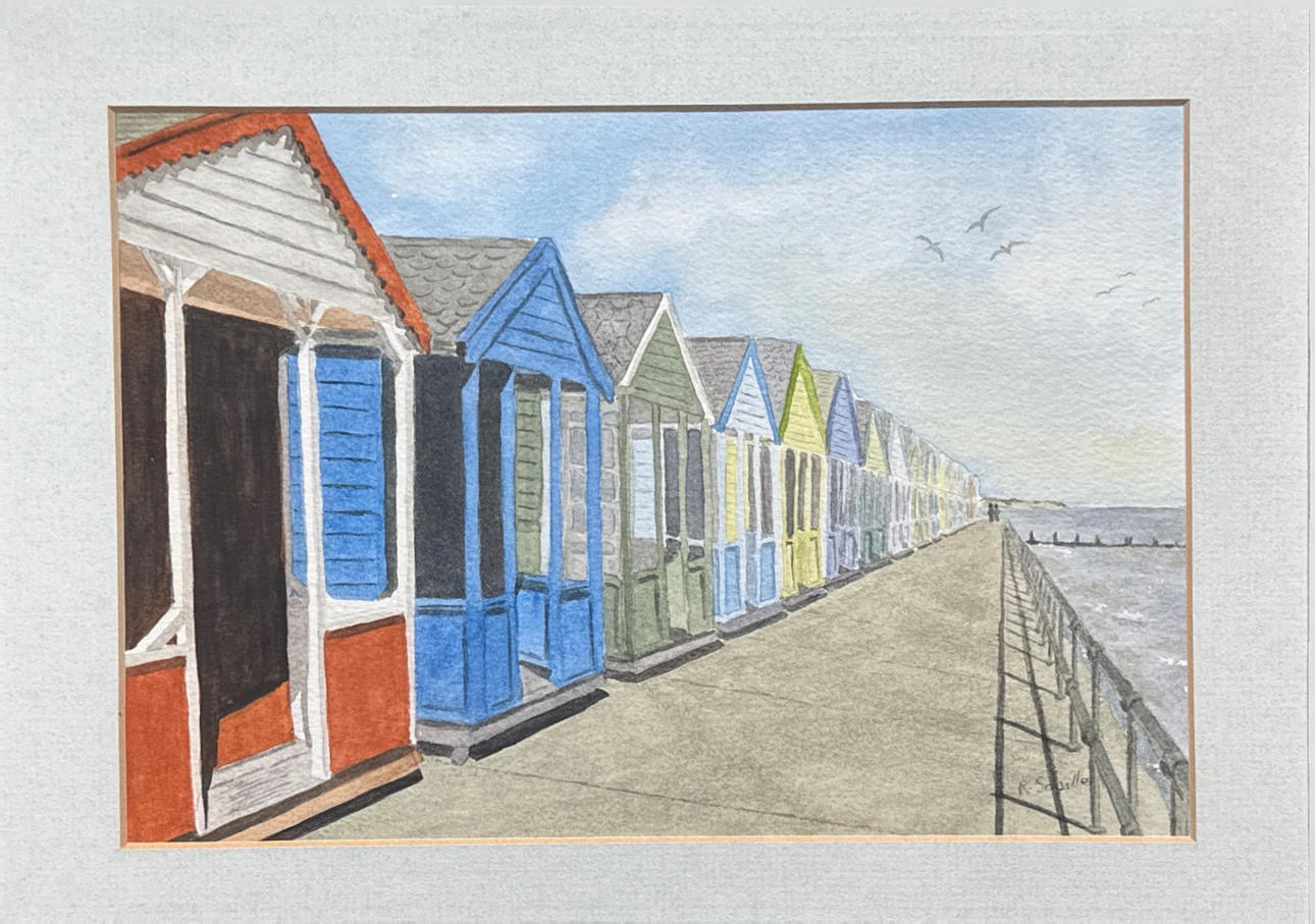 R. SAVILLE. BEACH HUTS WATERCOLOUR.