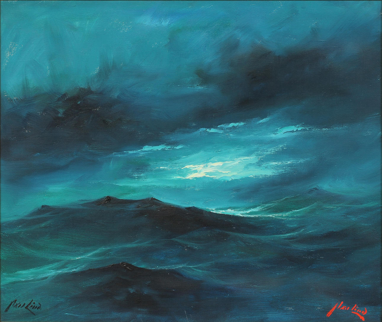 AXEL LIND. "Wintry sunset, Atlantic", olja på duk, signerad.