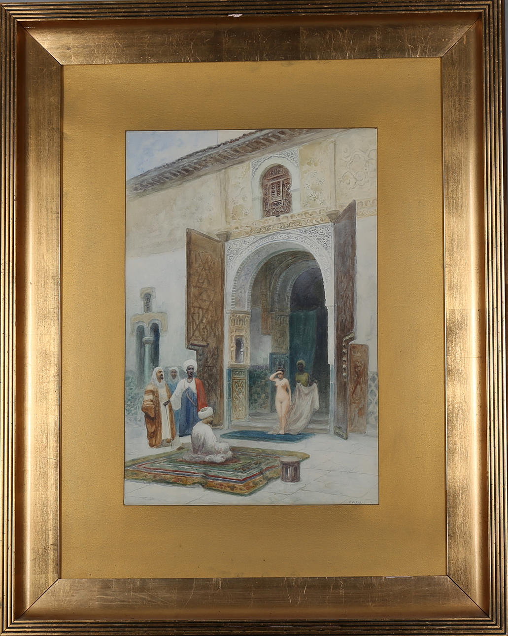 FRANS WILHELM ODELMARK. Naken kvinna vid orientalisk port, akvarell, signerad F W Odelmark.