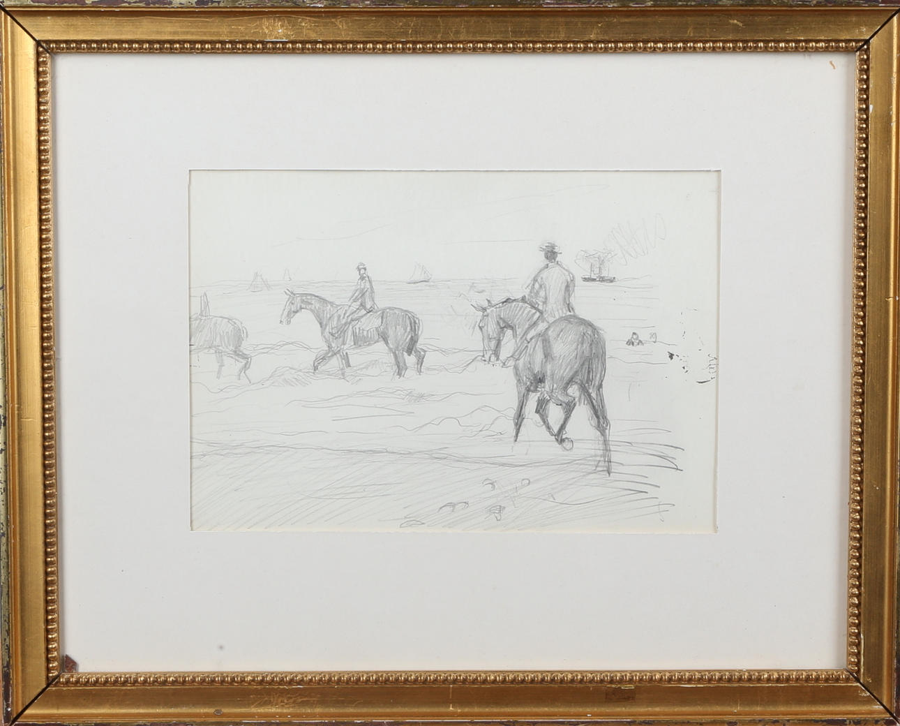 GEORG ARSENIUS. hästar vid strand, blyertsteckning, signerad Georg Arsenius.