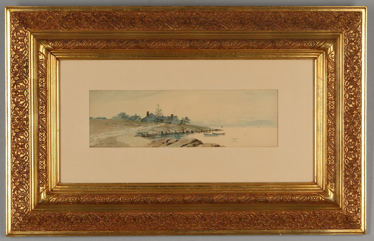 LOUIS KINNEY HARLOW. Hus vid kusten, akvarell, signerad.