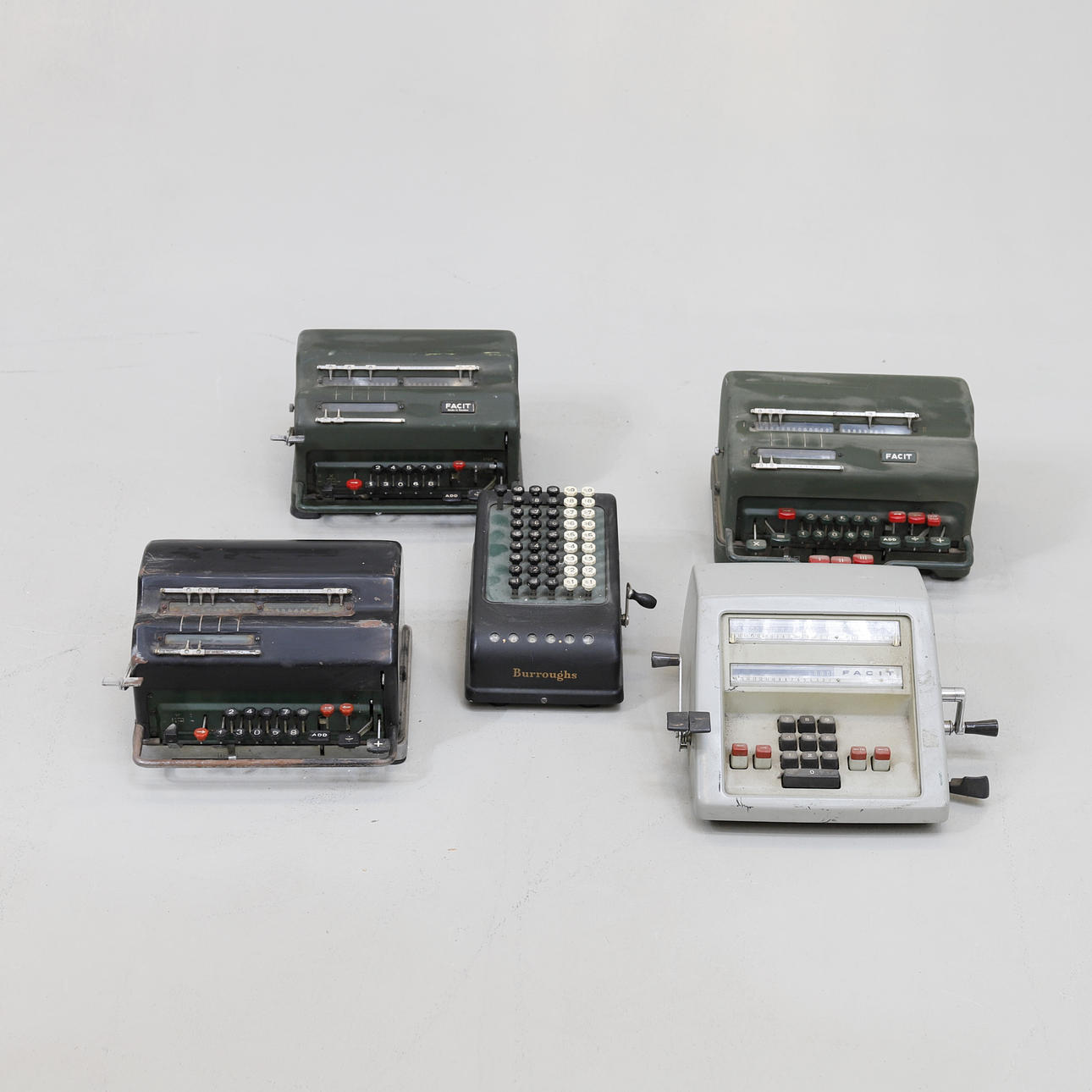 CALCULATORS, 5 pcs, Facit & Borroughs, mechanical and electronic, 20th century.