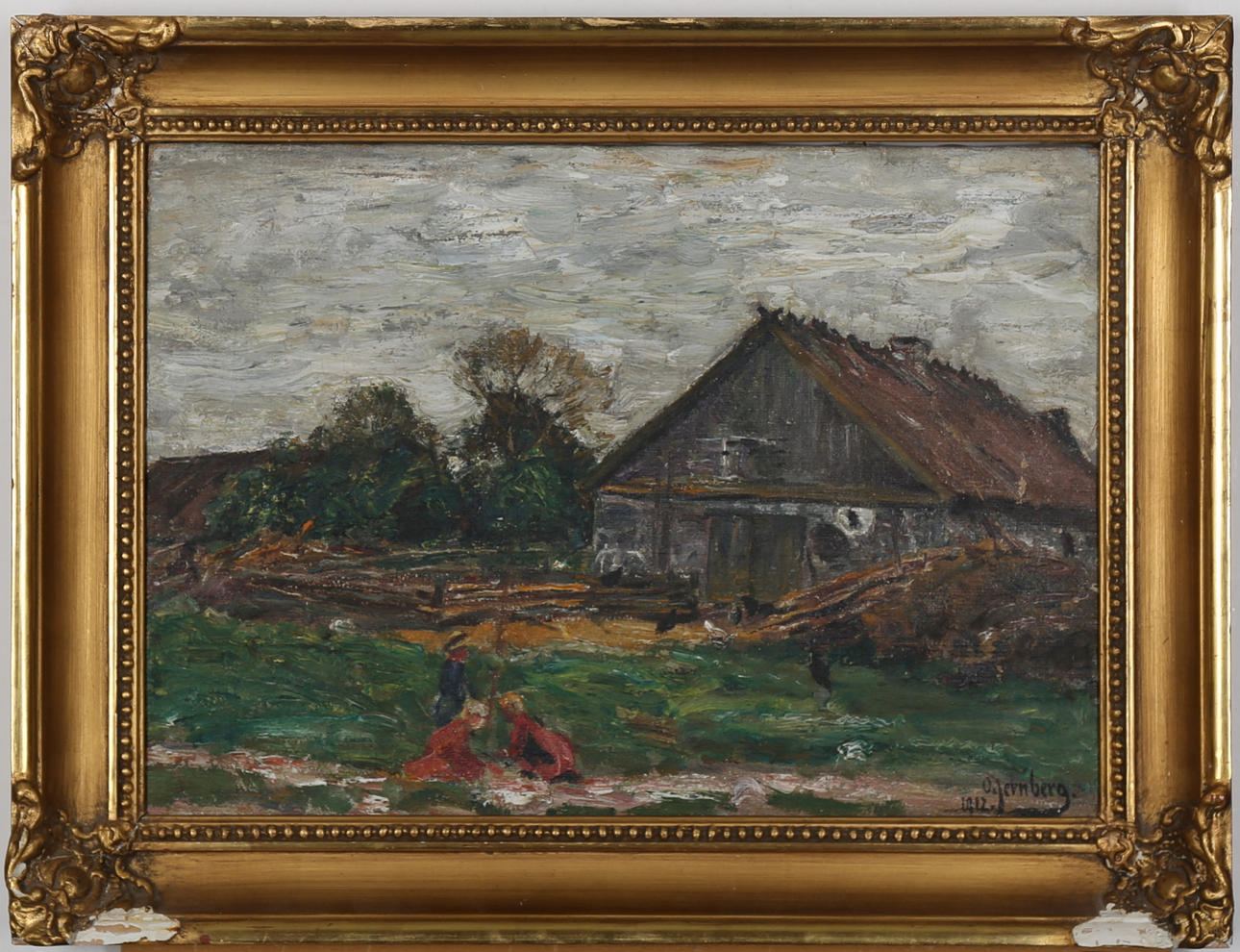 OLOF JERNBERG. Lekande barn vid ladugård, olja på duk, signerad O Jernberg och daterad 1912.