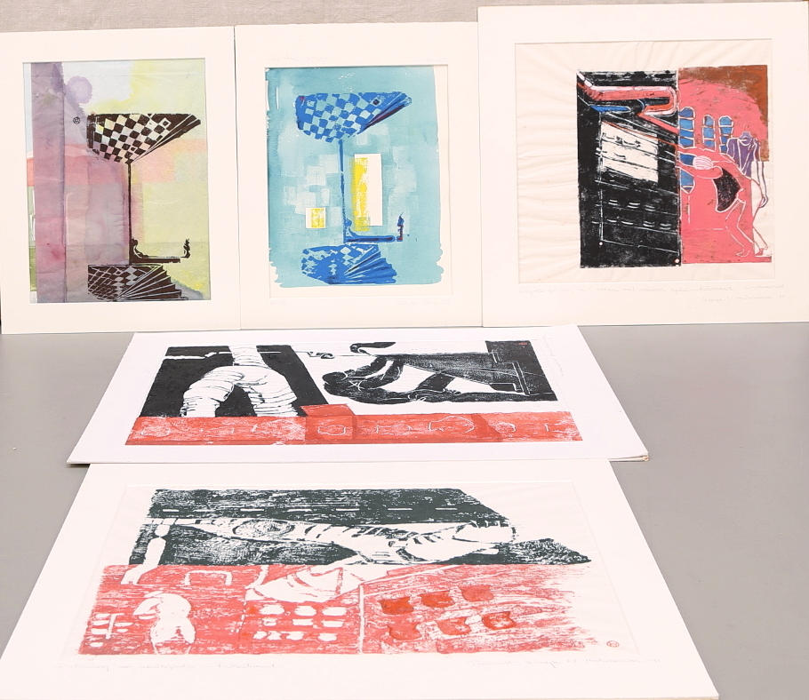 WANJA "NONES" HÅKANSSON. Träsnitt, 5 st, Rörstrandsmotiv, signerade, daterade -91.