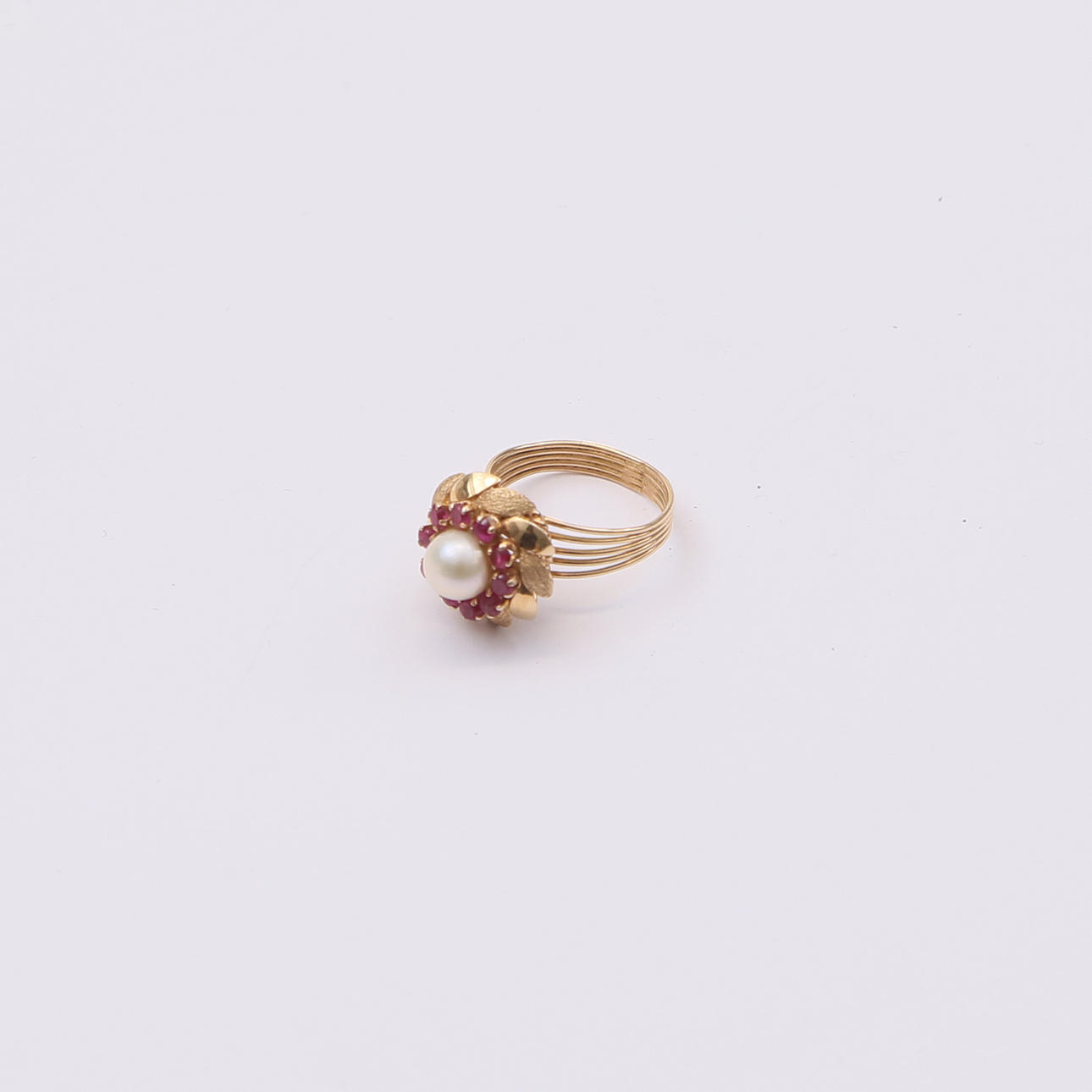 RING, 18K, indistinct hallmarks, pearl and likely rubies.