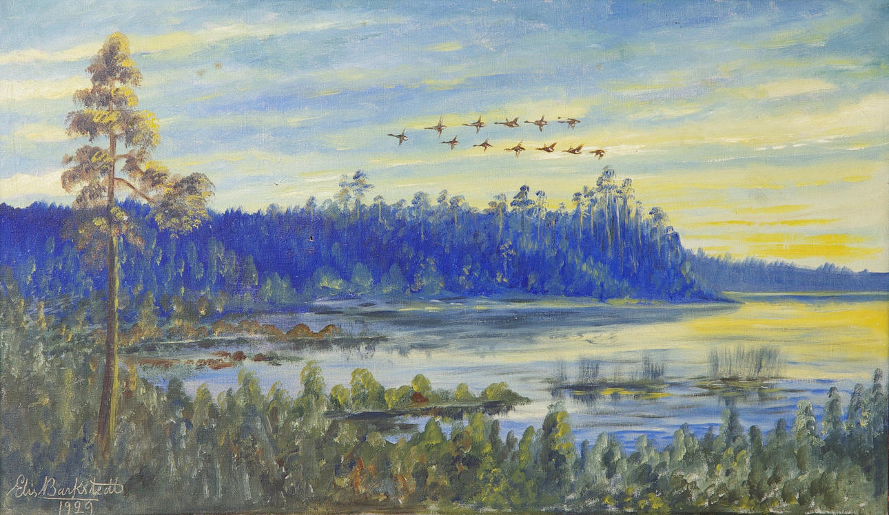 ELIS BARKSTEDT. Landskap med flygande änder, olja på duk, signerad 1929.