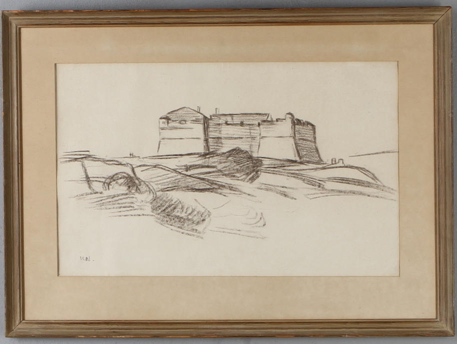 KARL NORDSTRÖM. Troligen Varbergs fästning, kolteckning, monogramsignerad.