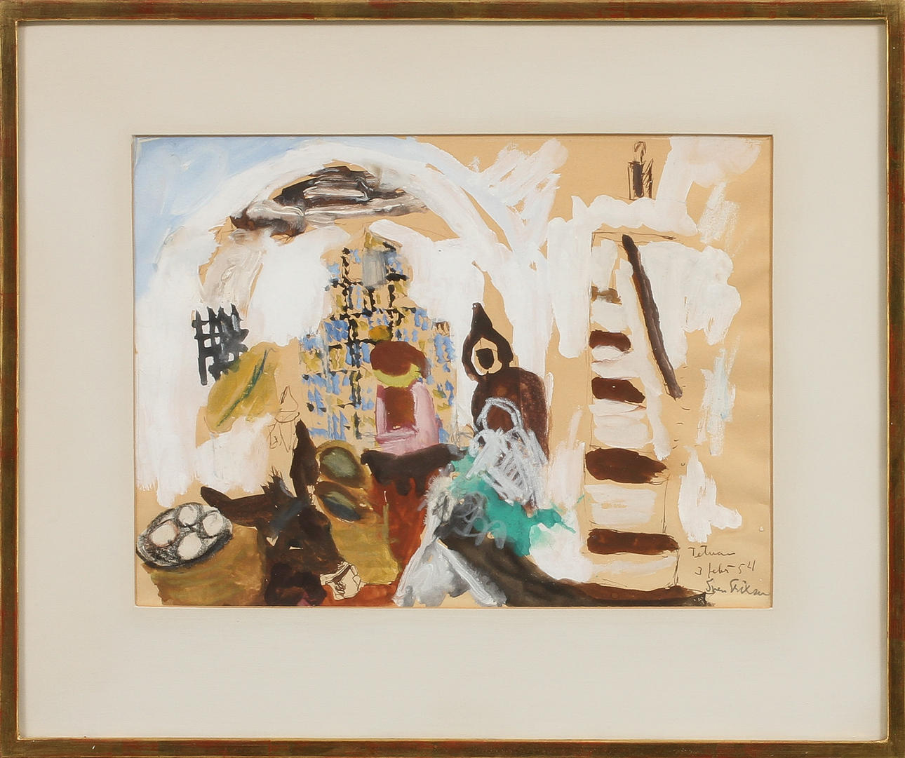 SVEN X:ET ERIXSON. Figurscen. Blandteknik på papper, signerad och daterad 3 febr-54.