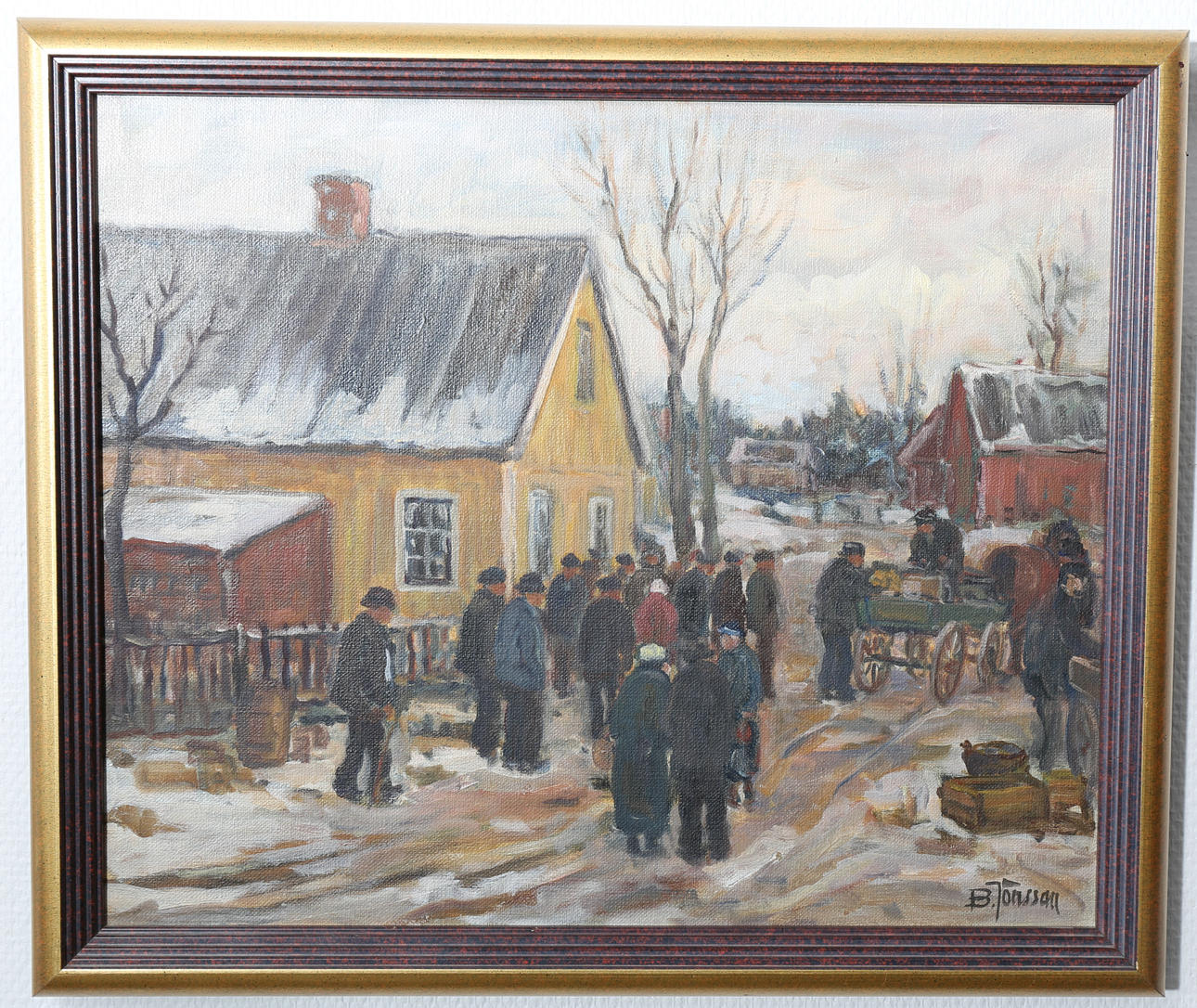 BROR JÖNSSON. Olja på duk, Samling vid gården, signerad B Jönsson.