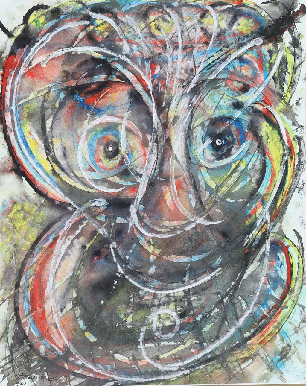 ANTONIO PASQUINI. gouache, composition with face, signed and dated 2004.