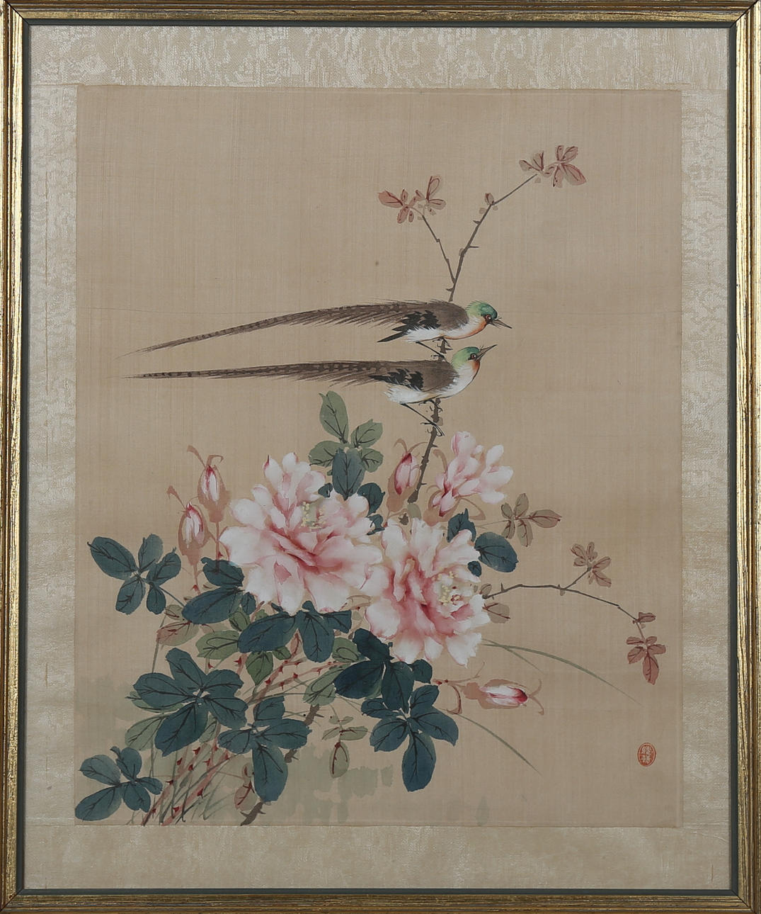 SIDENMÅLNING, Fåglar på kvist med blomster, Japan.