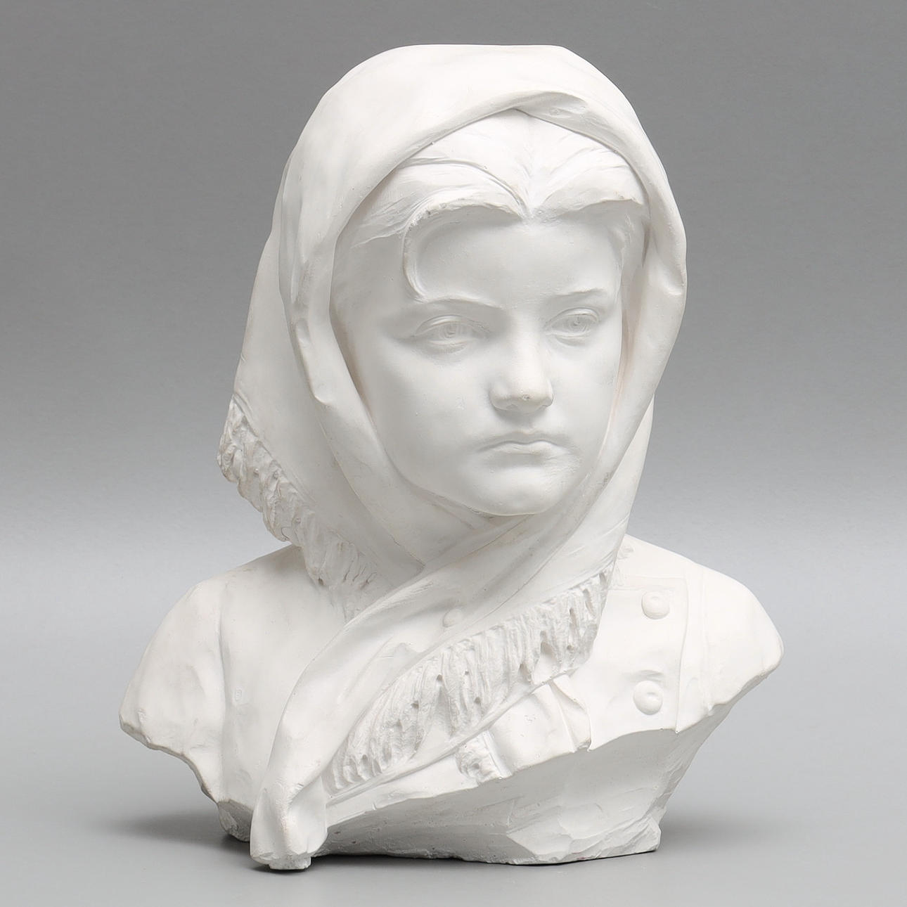 BUST, plaster sculpture, woman with shawl.