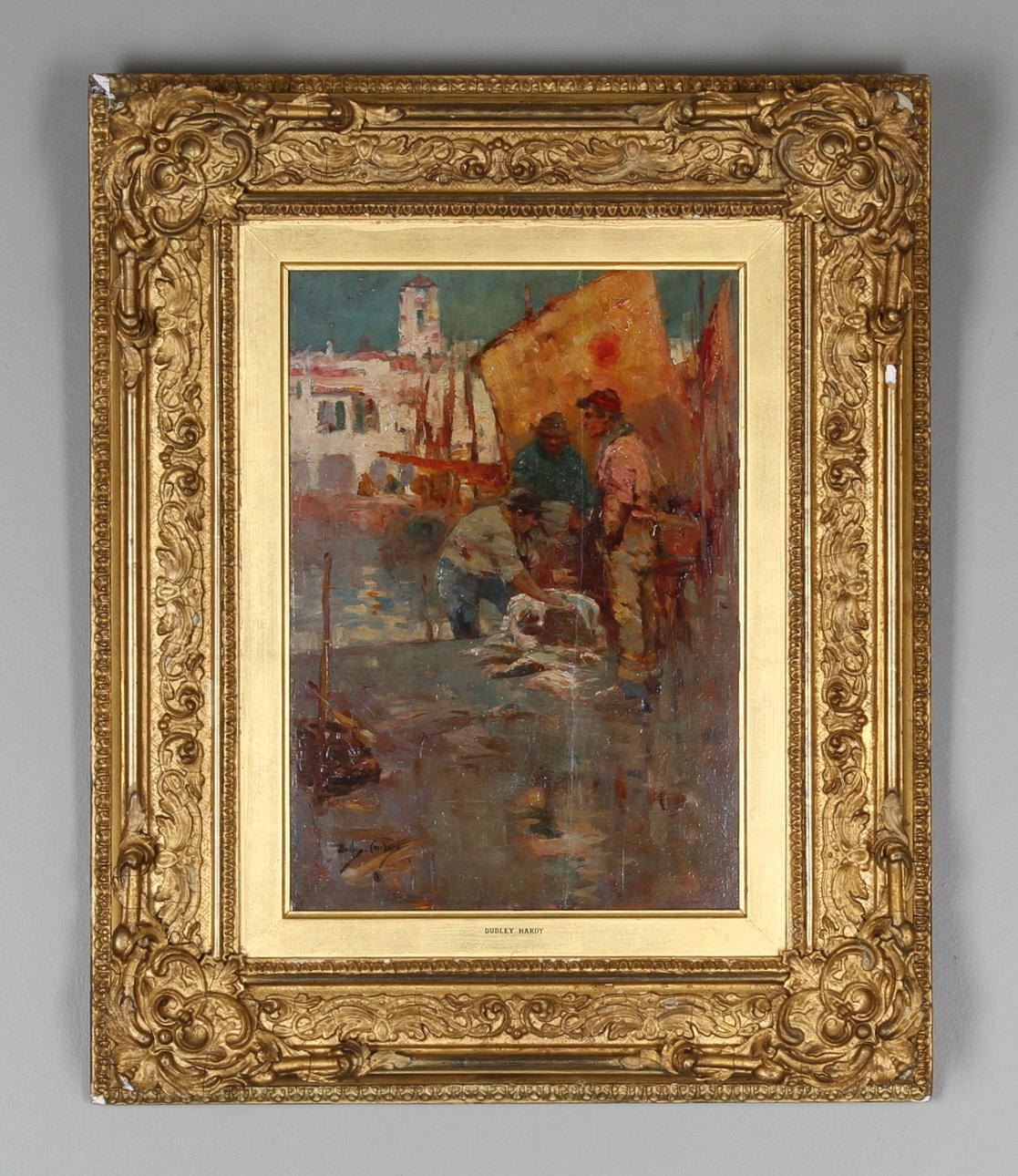 DUDLEY HARDY. Fiskare vid hamn. Olja på pannå, signerad.