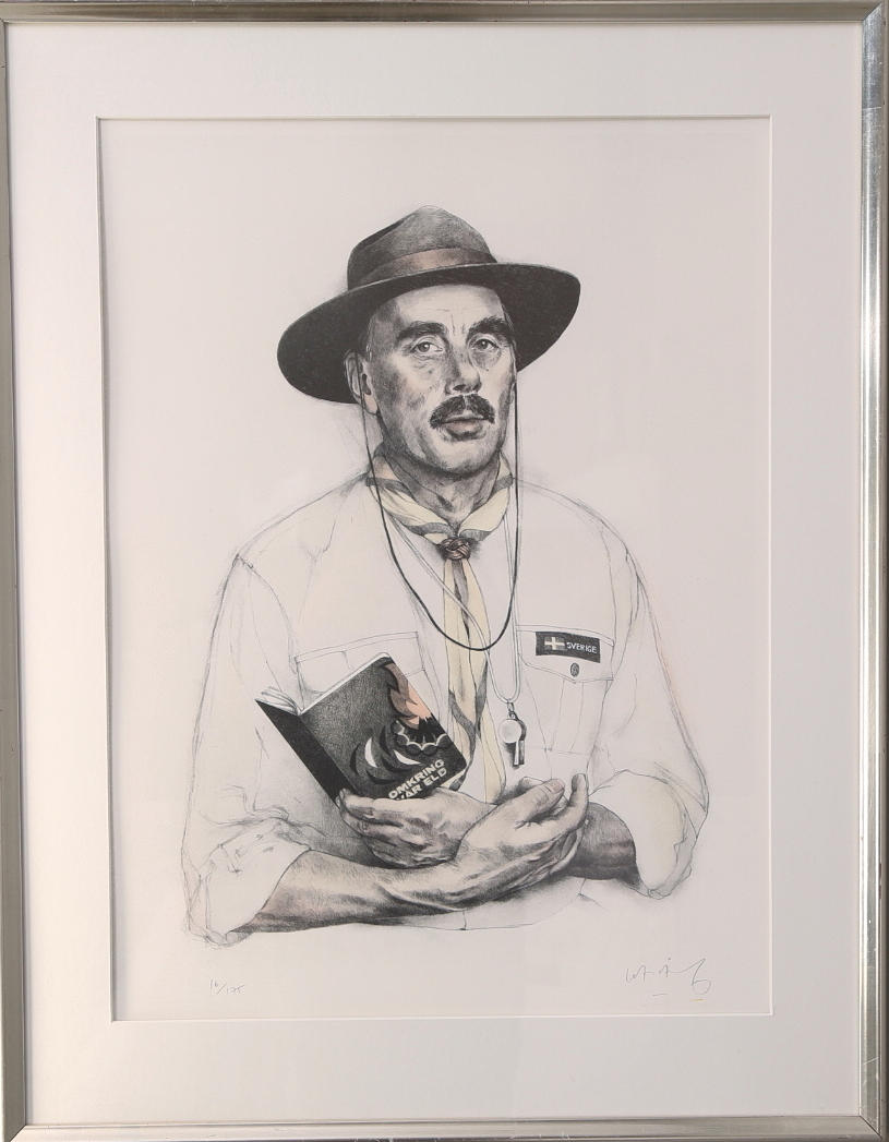 LASSE ÅBERG. Färglitografi, självporträtt, signerad och numrerad 16/175.