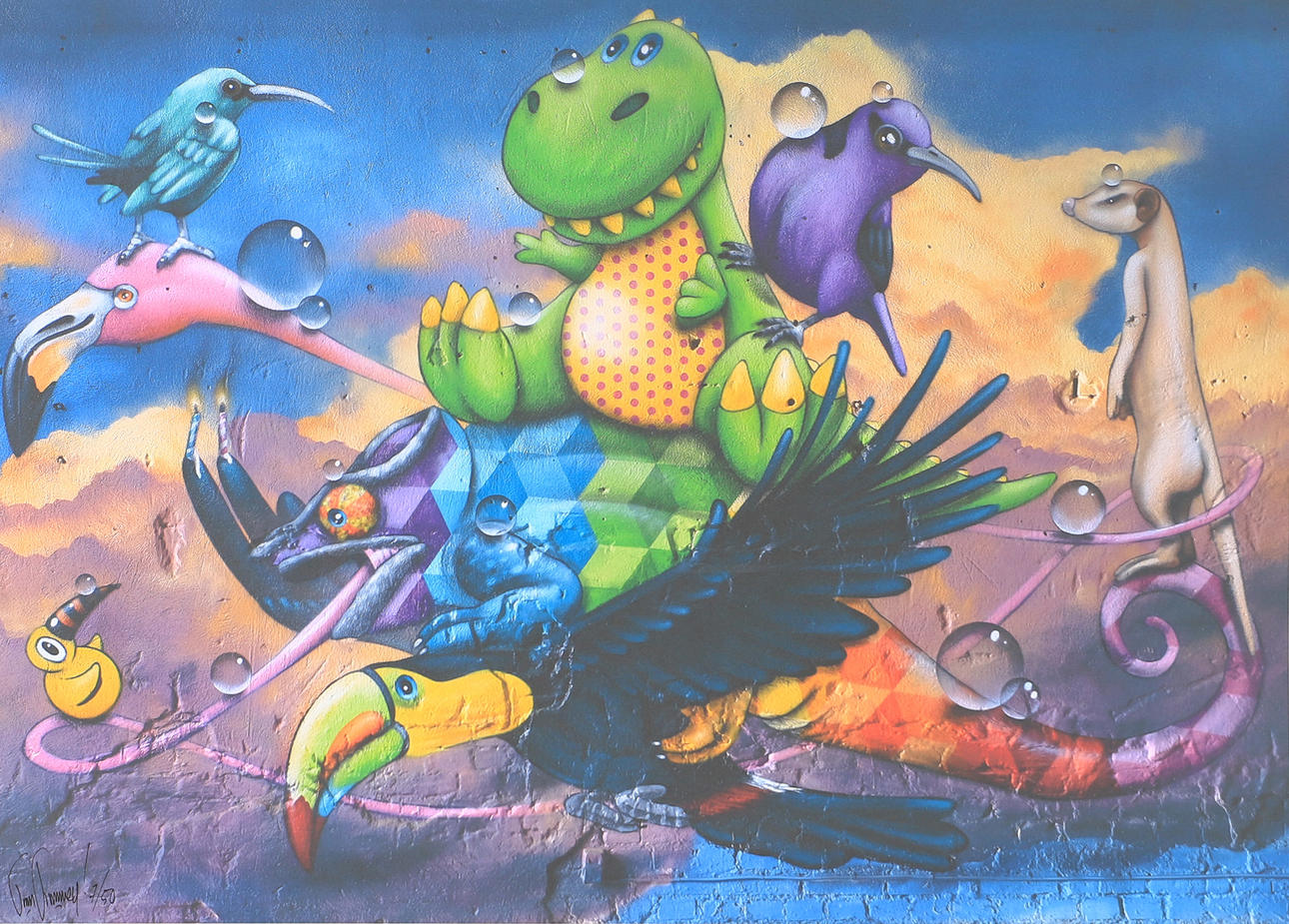 TIM TIMMEY. Komposition med drage, farvelitografi, signeret.