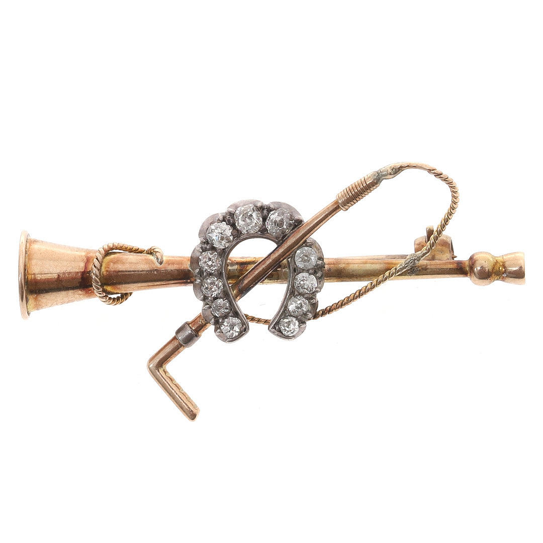 A LATE VICTORIAN DIAMOND HORSESHE SET RIDING CROP AND HORN BAR BROOCH ...