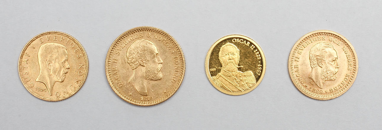 GULDMYNT 10 kr, 5 kr samt 10 dollars, 21,6 - 24k guld, total vikt 10,2 gr.