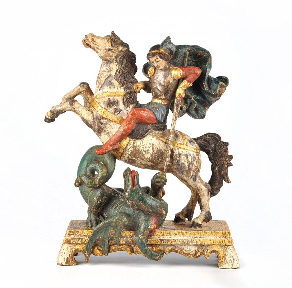 DER HEILIGE GEORG. ”SKULPTUR AV HELGONET PÅ HÄSTRYGGEN SOM BEKÄMPAR DRAKEN”.