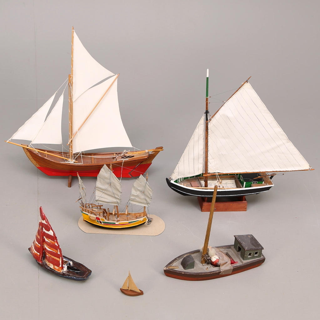 MODELLBÅTAR 6 st, trä, keramik.