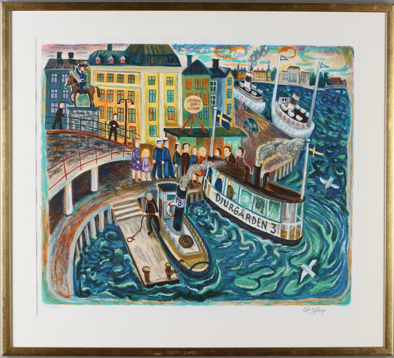 ELIS RYBERG. Djurgårdsfärja vid Gamla stan Stockholm, färglitografi, signerad samt numrerad 151/360.