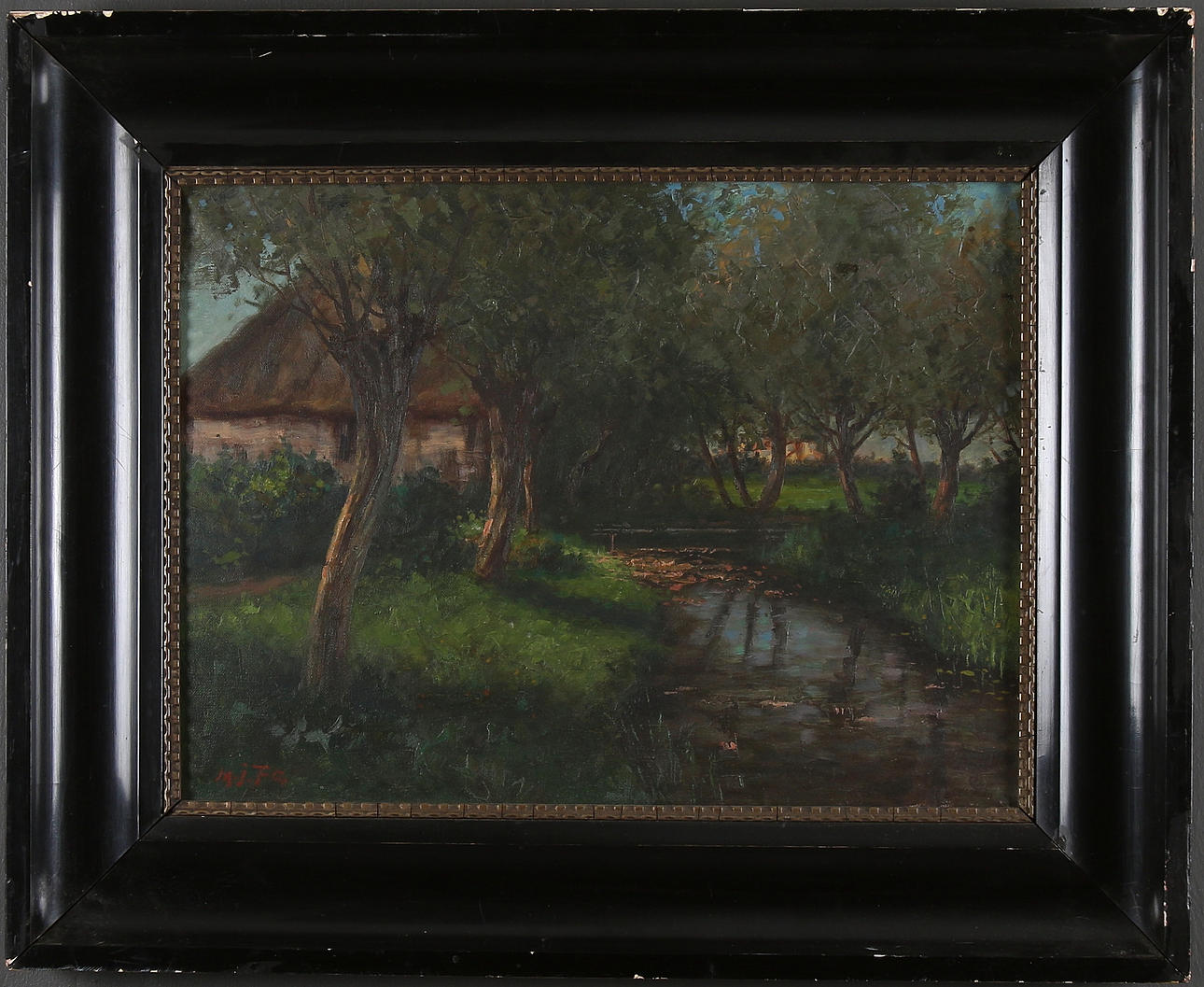 MARTIN JOHAN TENGBERG. Hus vid vattendrag, olja på duk, signerad. Sekelskiftet 18/1900.