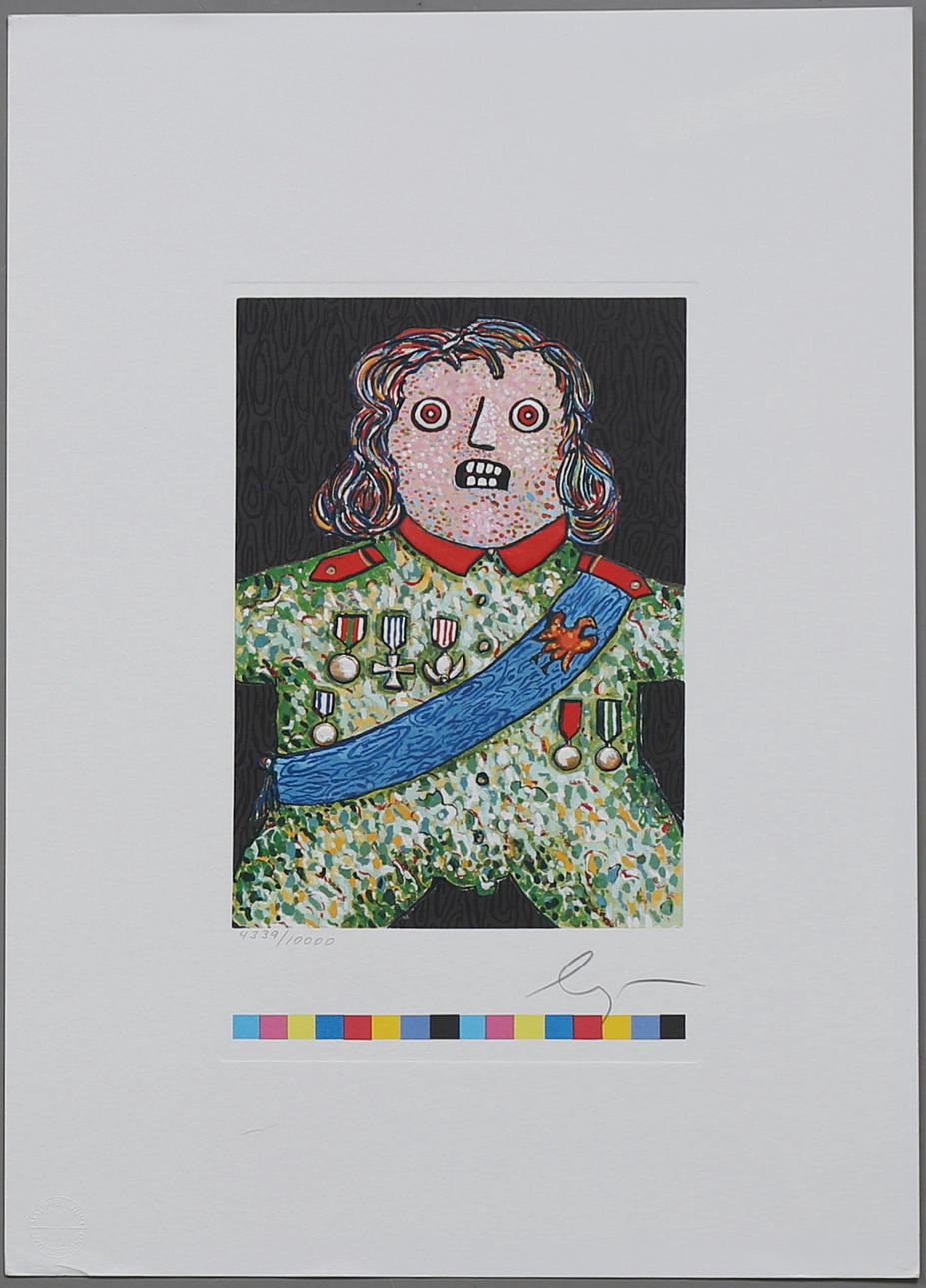 ENRICO BAJ. Der kleine General, Färglitografi med prägling nr 4339/10000, signerad.