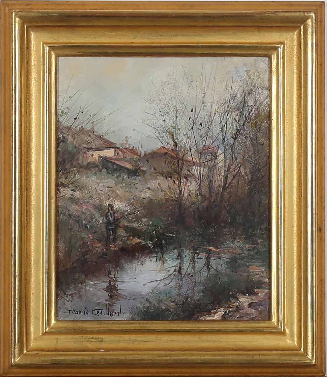 OIDENTIFIERAD KONSTNÄR. Fiskare i franskt landskap, olja på duk, otydlig signtur.